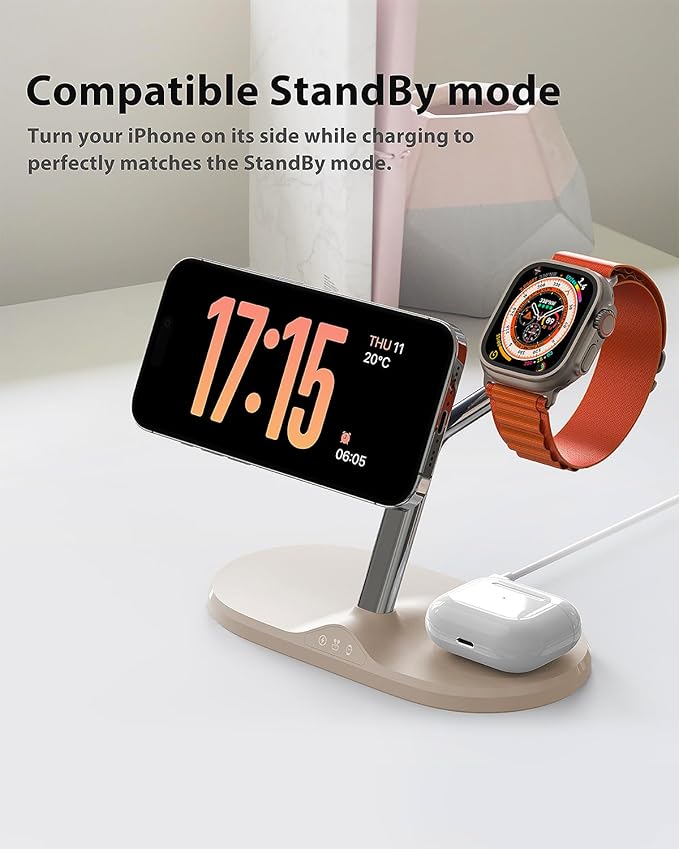 3-in-1 Wireless Charging Station for Apple Devices - Fast Charging Station for iPhone and Watch, Stable Charger Stand for iPhone 12-15 & iPhone 16 & iWatch & AirPods, Adapter Not Included