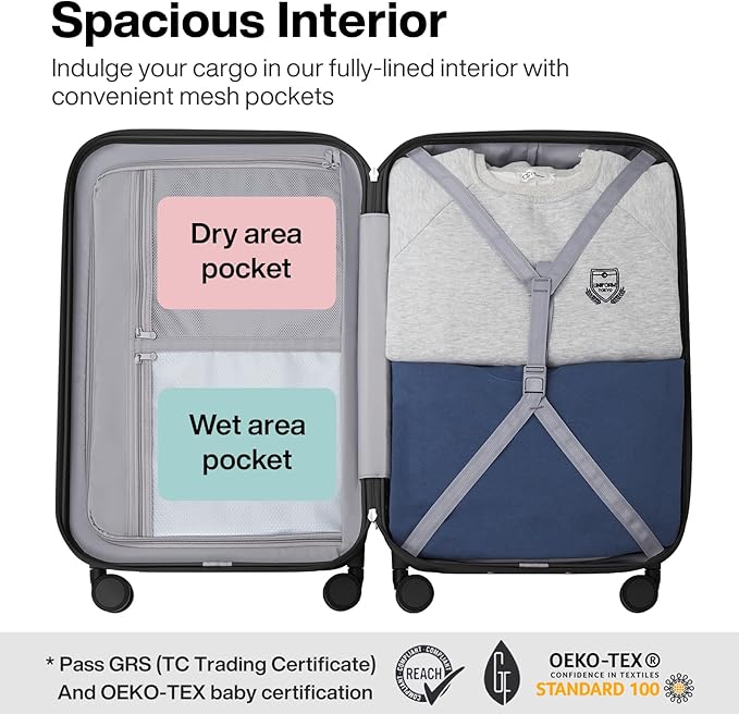 mixi Upgrade Luggage Suitcases with Spinner Wheels, Hardside Rolling Suitcase PC with TSA Lock Travel Case 24in Checked in, Fine Grid Black