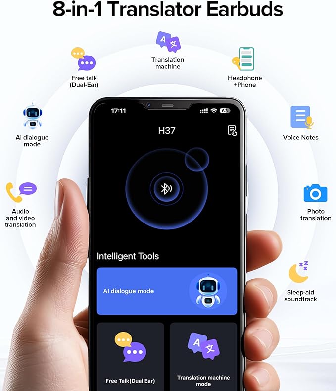 AI Translation Earbuds Real Time 164 Languages AI Translator Earbuds Audifonos Traductores Inglés Español Wireless Earbud Translating Ear Buds Bluetooth Headphones for Travel Business Learning Black