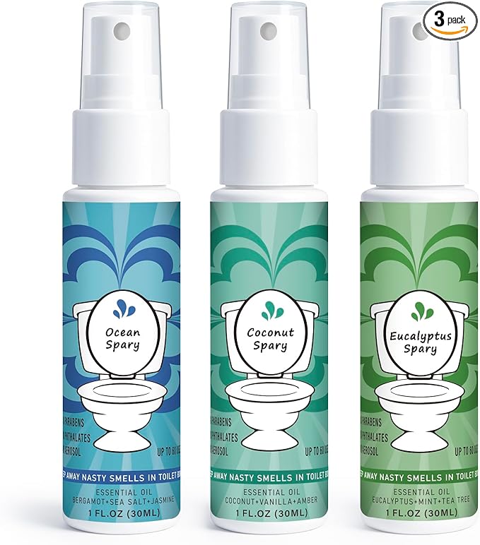 Toilet Spray for Poop 3 Pack, Travel Size Variety, Bathroom Odor Eliminator - Ocean Eucalyptus Coconut