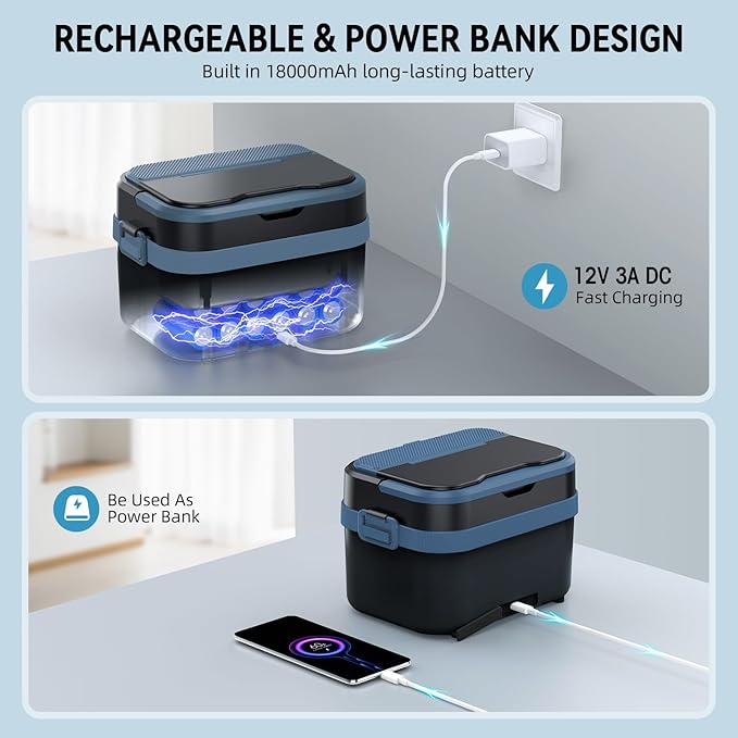 Cordless Electric Lunch Box for Adults, Rechargeable Portable Self-Heating Lunch Box Food Warmer, 1.5L Container for Outdoor, Work, Office, Camping, Travel(BlackBlue).