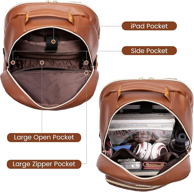 LOVEVOOK Laptop Backpack Purse for Women, Large Capacity Travel Computer Work Bag, Faux PU Leather Quilted Casual Nurse Backpack for Womens, Fit 15.6 Inch Laptop with USB Port, Brown