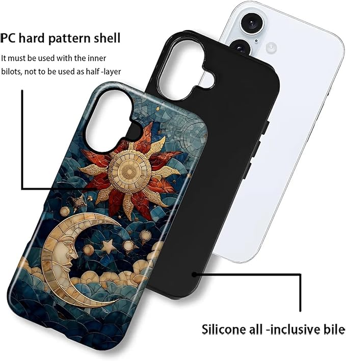 Case for iPhone 16 Plus Case,Sun Moon Stars Faux Stained Glass Design Hybrid Dual Protection Silicone + Hard PC Shockproof Full Body Cover Slim Anti-Scratch Protective Case for Men Women