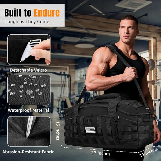 ETRONIK 75L Tactical Gym Bags for Men, Large Duffle Bag with Removable Dividers & Shoe Compartment, Waterproof Duffel Bag with Wet Pocket for Traveling, Heavy Duty Military Bag for Travel Sports Black