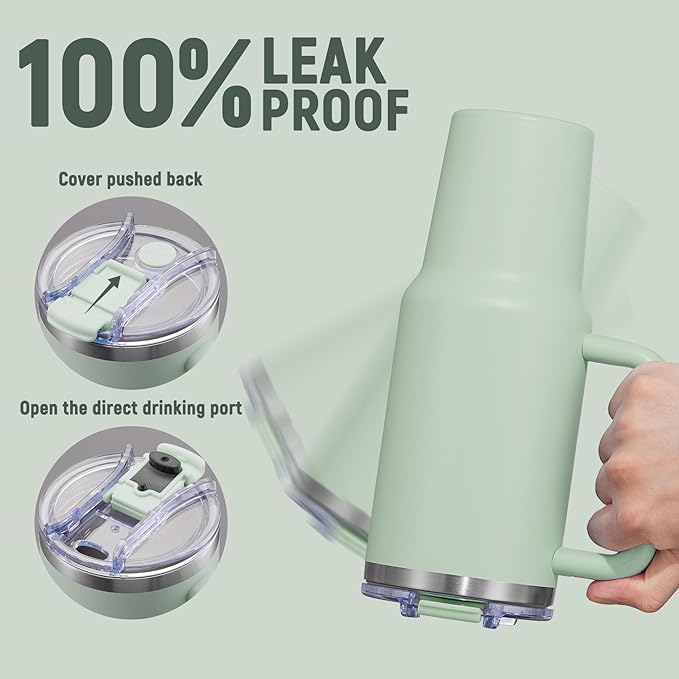 40 oz Tumbler with Handle and Straw Lid,Insulated Reusable Stainless Steel Water Bottle Travel Mug，Cupholder Friendly Double Wall Vacuum Sealed Cup (Light Green)