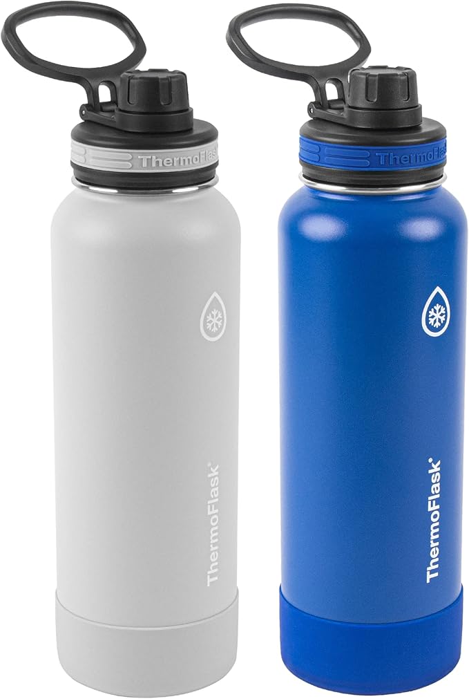 ThermoFlask 40 oz Bottle - Stainless Steel, Double-Wall Insulation & BPA-Free - Leakproof, Reusable with Spout Lid - Ice Gray/Azure (2 Pack)