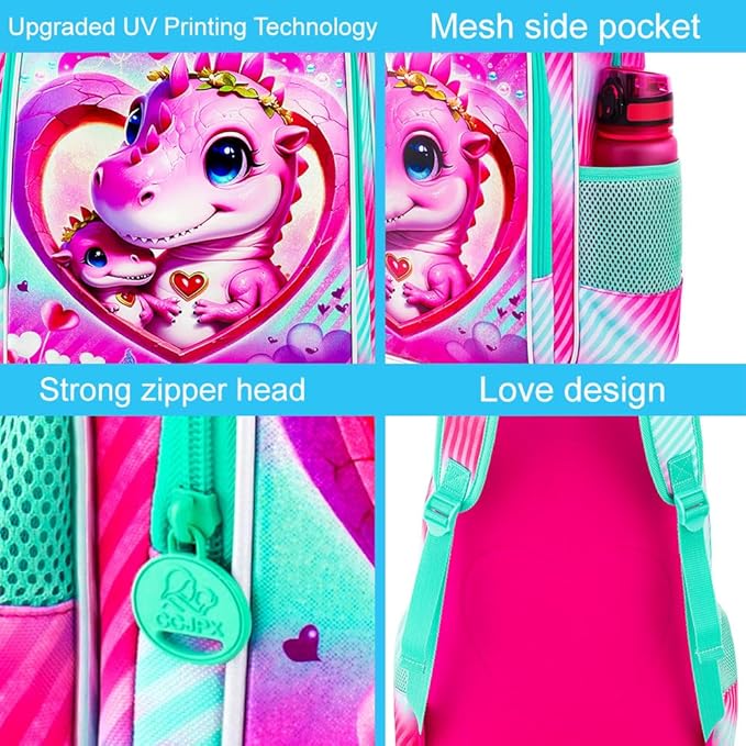 16" Dinosaur Backpack for Girls, 3Pcs School Bookbag with Lunch Box, Kids Backpacks Set for Elementary Preschool Kindergarten(Pink)