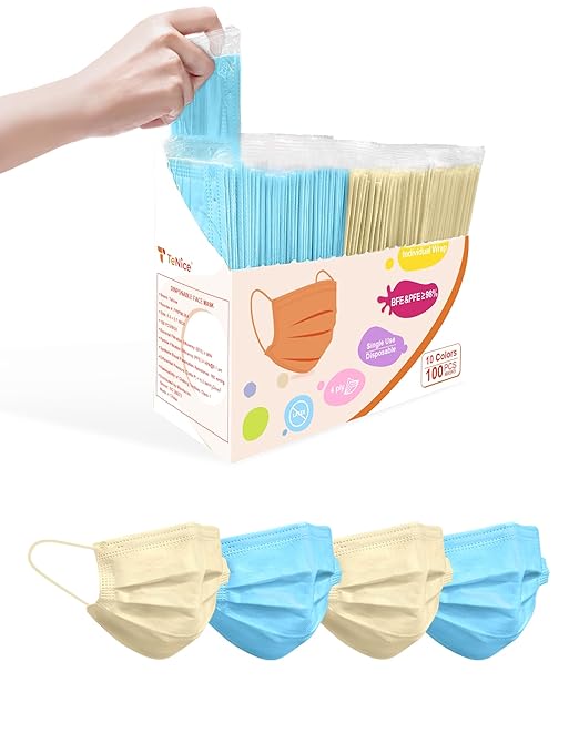 Face Masks Disposable 100 Pack, 4 Ply ASTM Level 3 Medical Grade, Breathable for Adult Outdoor Protection, Individually Wrapped for Home, School & Office, Sand and Sea