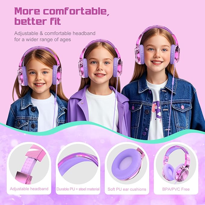 QearFun Kids Headphones Wired with Mic, 85/94dB Safe Volume Limit, Foldable Over Ear, Tangle-Free Cord & Sharing Port, Wired On-Ear Headset for School, Chromebook, Tablet, Travel - Boys & Girls