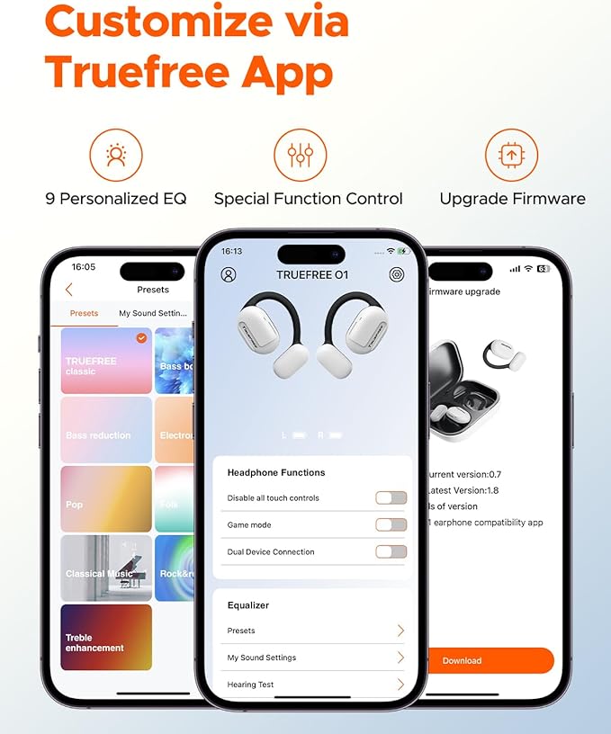 truefree O1 Open Ear Headphones Bluetooth 5.3 Wireless Open Ear Earbuds with 16.2mm Driver, Immersive Stereo Sound, Noise-Cancellation Mic for Clear Calls, 45H Playtime, for Sports Workout