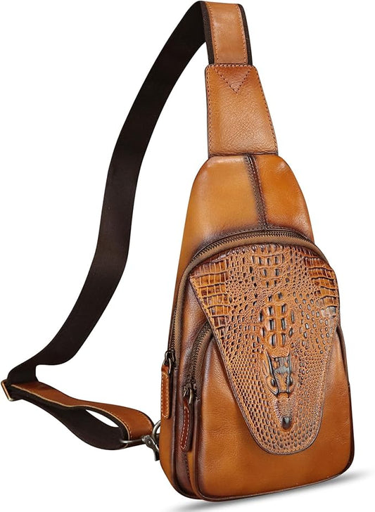 Genuine Leather Sling Bag Embossed Crocodile Pattern Leather Crossbody Sling Backpack Handmade Chest Purse Daypack (Brown)