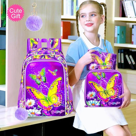 3Pcs Butterfly Backpack for Girls, 16" Kids Bookbag with Lunch Box，School Backpacks for Elementary Preschool Kindergarten (Purple)