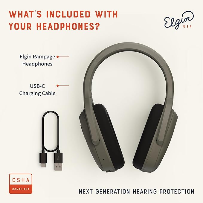 Elgin Rampage Bluetooth Hearing Protection Headphones, OSHA Compliant, 25 dB NRR, Noise Isolating Microphone, 40+ Hour Battery, IP65 Rated, Ideal for Construction, Landscaping, Industrial Use