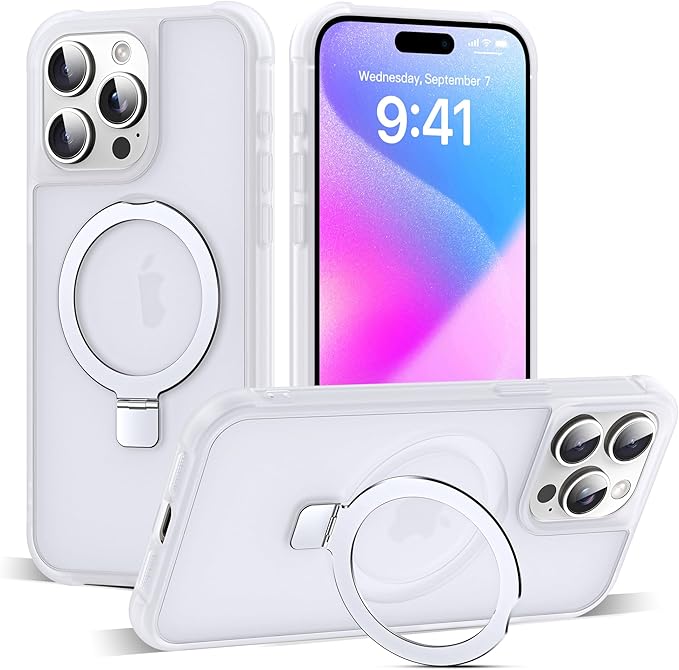 Compatible with iPhone 15 Pro Case with Invisible Magnetic O-Ring Stand Military-Grade Phone Case for iPhone 15 Pro 6.1" [Compatible with Mag-Safe][Great Grip Feeling],Translucent