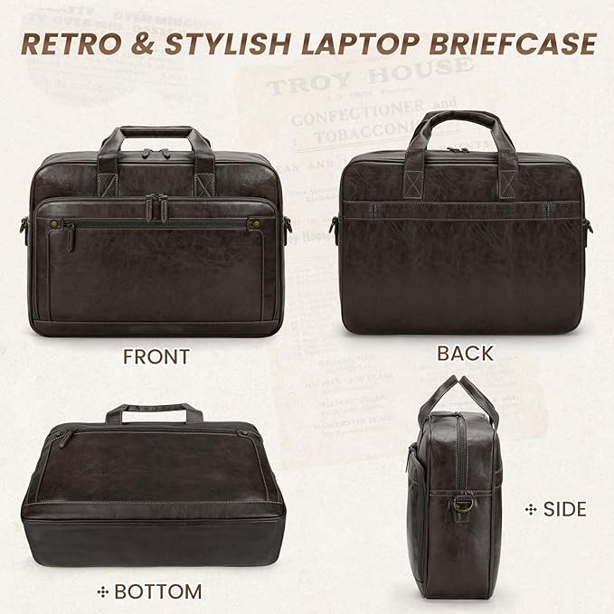 RAINSMORE Mens Laptop Bag 16 Inch Leather Briefcase Vintage Messenger Bag for Men Large Crossbody Shoulder Office Computer Bag Retro College Satchel for Work, Business,Travel, Coffee