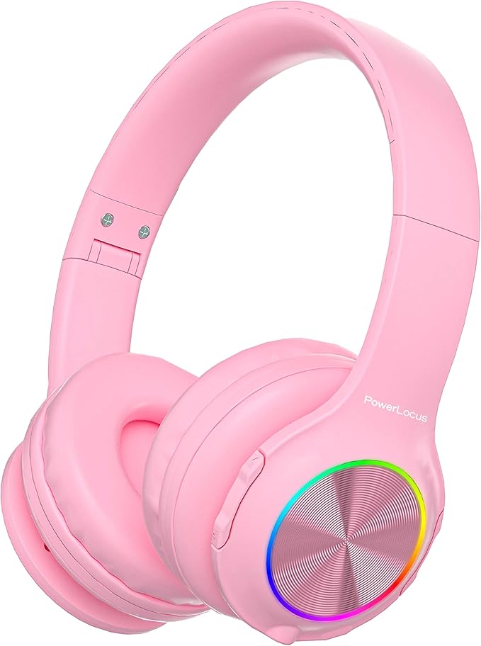 PowerLocus PLED Kids Bluetooth Headphones, Kids Wireless Headphones with LED Lights, 74/85/94dB Safe Volume, Micro SD, AUX Cable, Hi-Fi Stereo, Built-in Mic Over Ear Kid Headphone for Travel/Tablet/PC