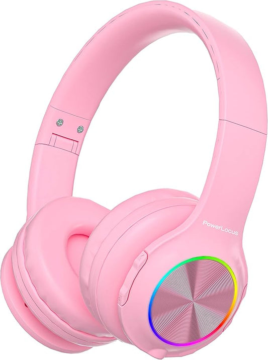 PowerLocus PLED Kids Bluetooth Headphones, Kids Wireless Headphones with LED Lights, 74/85/94dB Safe Volume, Micro SD, AUX Cable, Hi-Fi Stereo, Built-in Mic Over Ear Kid Headphone for Travel/Tablet/PC