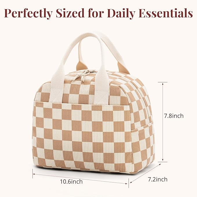 Insulated Brown checkered Lunch Bag for Women, Corduroy Tote with Aluminum Lining, Large Capacity Reusable Cooler for Work, Travel, Beach or Picnic, Checkered Water-Resistant Lunch Box