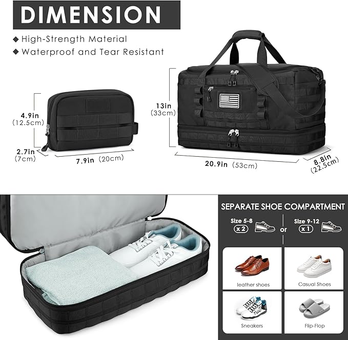ETRONIK Travel Bag for Men Women, Gym Bag & Tactical Duffle Bags for Travel, Carry on with Toiletry Bag and Shoe Compartment, Weekender Overnight Trip with Wet Pocket for Workout Medical, Black