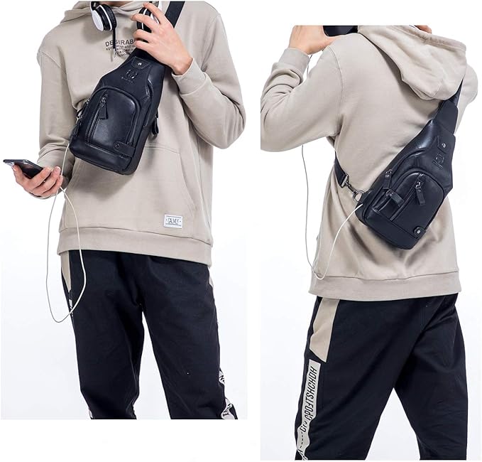 BULLCAPTAIN Genuine Leather Mens Sling Bag Multipurpose Travel Crossbody Chest Bag Daypacks with USB Charging Port (Black)