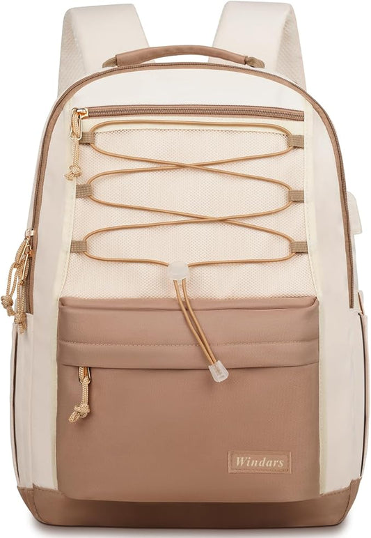 School Backpack for Teens Girls, Aesthetic College Backpack Large Bookbag for Women Students Fashion 15.6 Inch Laptop Bag for Work Travel (Khaki Beige)
