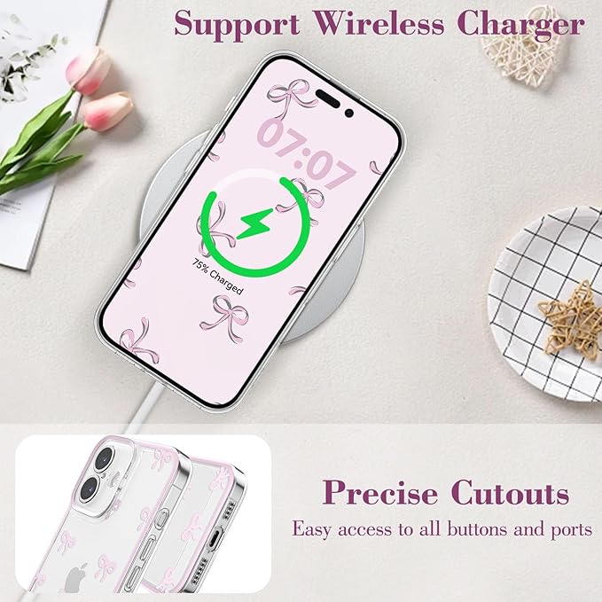 EYZUTAK Case for iPhone 17, Clear Cute Ribbon Bowknot Pattern Aesthetic Transparent Phone Case Raised Camera Protection Stylish Slim Soft Durable TPU Protective Cover for Women Girls - Pink