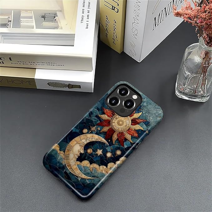 Case for iPhone 16 Pro Max Case,Sun Moon Stars Faux Stained Glass Design Hybrid Dual Protection Silicone + Hard PC Shockproof Full Body Cover,Slim Anti-Scratch Protective for Men Women