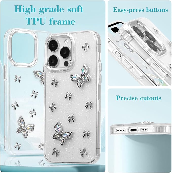 EYZUTAK Case for iPhone 14 Pro Max, Bling Glitter 3D Butterflies Bowknot Phone Case Cute Crystal Clear Bow Aesthetic Case Slim Soft Durable TPU Transparent Protective Cover for Women Girls - Butterfly