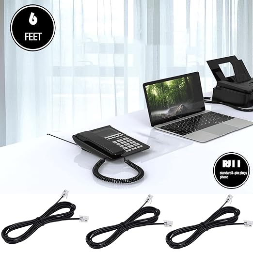 LanSenSu Telephone landline Extension Cord Cable Cord with Standard RJ-11 6P4C Plug (6Ft-3Pack-Black, Black)