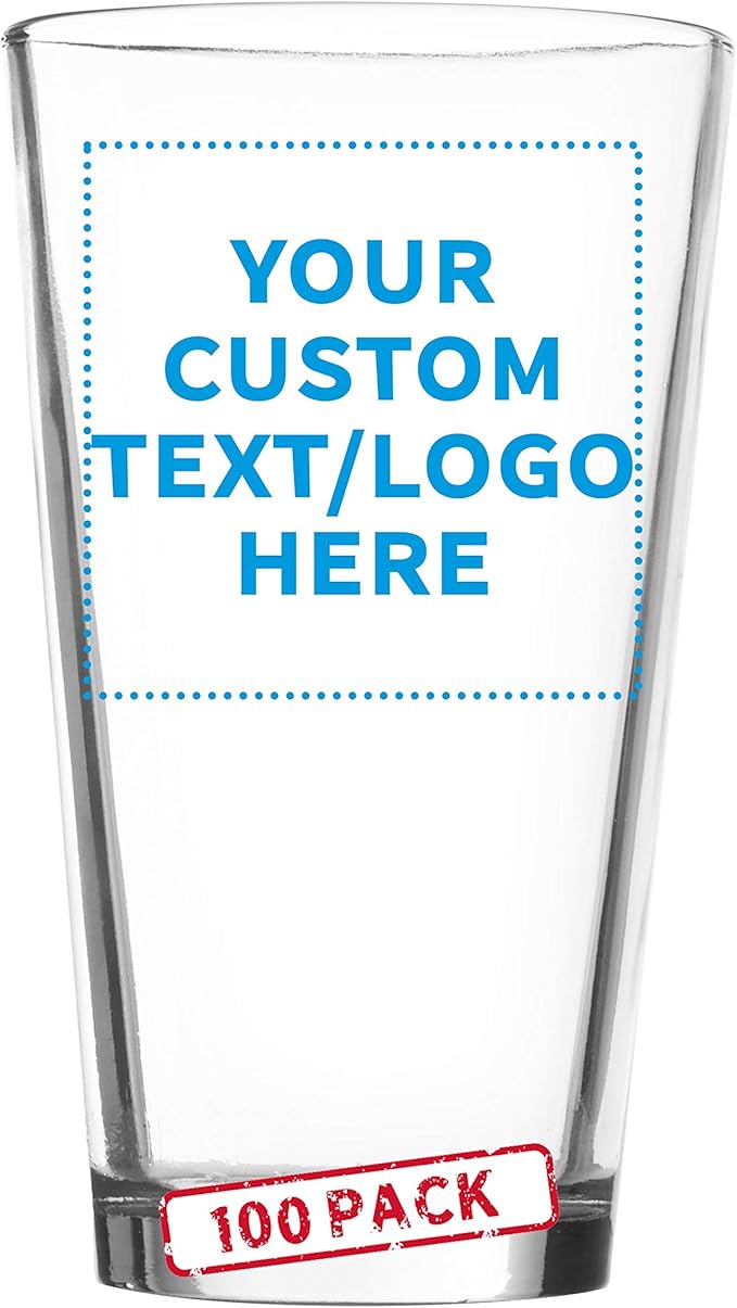Custom Arc Pint Glass 16 oz. Set of 100, Personalized Bulk Pack - Beer Glasses, Heavy Duty Drinkware - Clear
