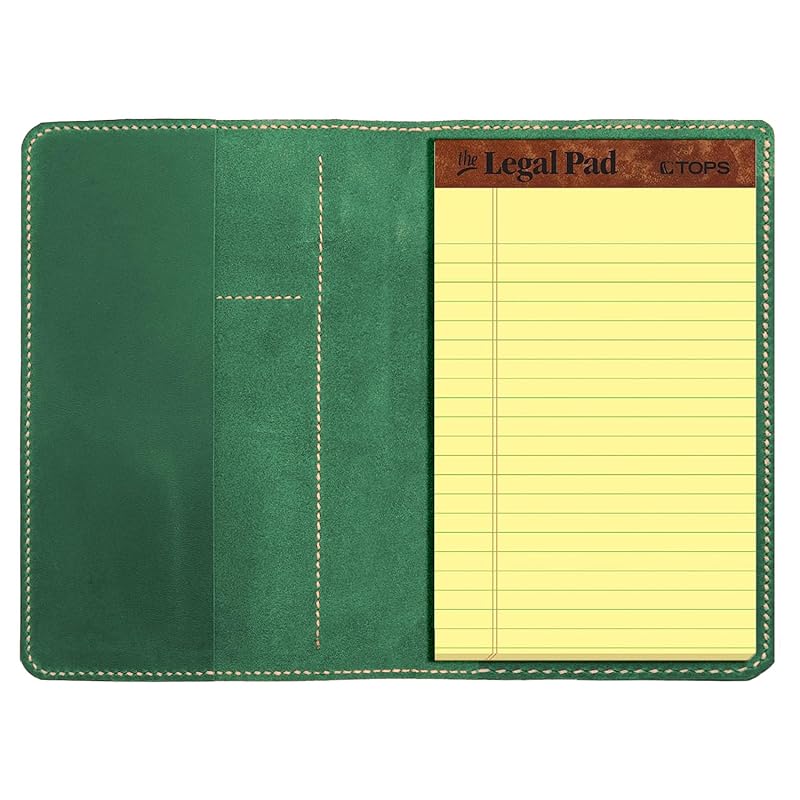 Genuine Leather Notebook Notepad Cover for TOPS The Legal Pad Writing Pads Docket 5" x 8" Cover, retro real leather portfolio folder cover organizer (Dark Green)