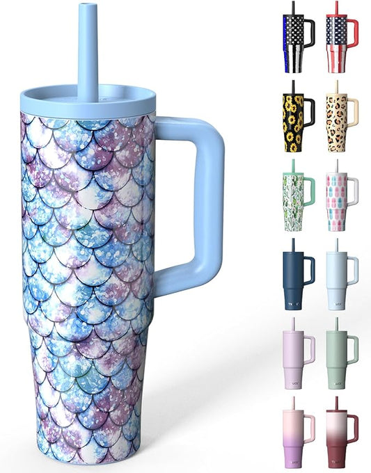 TILUCK 30 oz Tumbler with Handle, Vacuum Insulated Stainless Steel Travel Mug with 100% Leak-Proof Silicone Straw Lid, Cupholder Friendly Water Bottle(FishScales, 30oz)