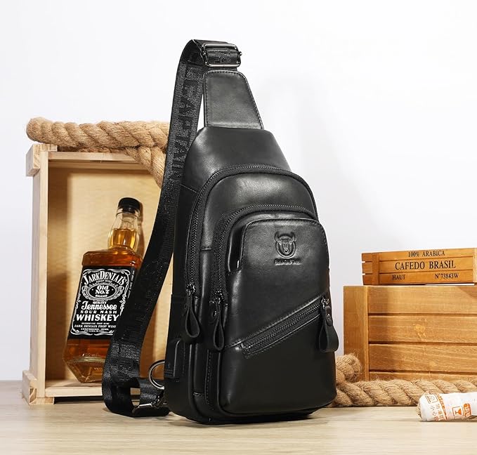 BULLCAPTAIN Leather Sling Chest Bag for Men Outdoor Hiking Travel Crossbody Bag Backpack with USB Charging Port (Black)