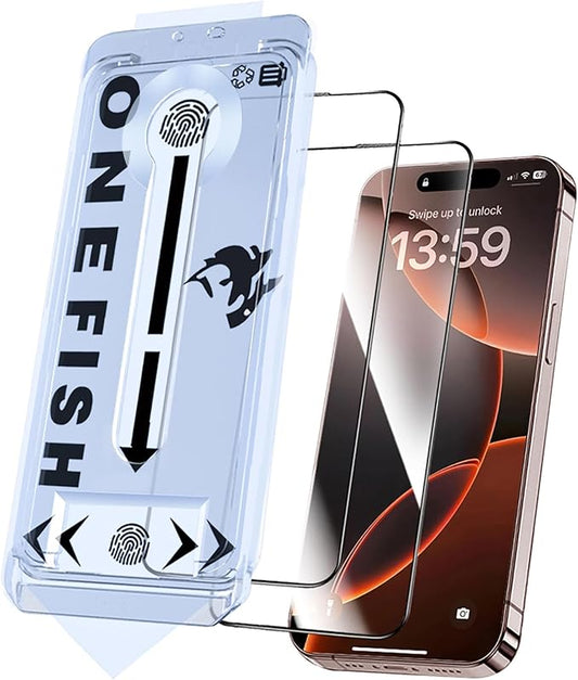 OneFish Screen Protector for iphone 15 Pro Max, 9H Hardness Glass Scratch Resistant,HD Clarity Tempered Glass Film with Installation Frame,Bubble Free, Easy Installation,2Pack.