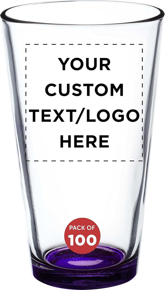 Custom Arc Pint Glass 16 oz. Set of 100, Personalized Bulk Pack - Beer Glasses, Heavy Duty Drinkware - Purple