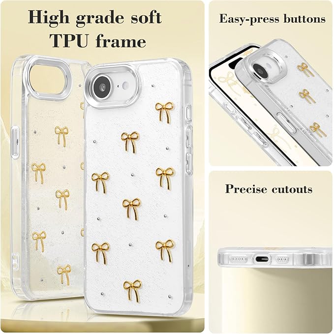 EYZUTAK Case for iPhone 16e, Bling Glitter 3D Bowknot Phone Case Cute Sparkly Crystal Clear Bow Aesthetic Design Cover Slim Soft Durable TPU Transparent Protective Cover for Women Girls - Gold Bow