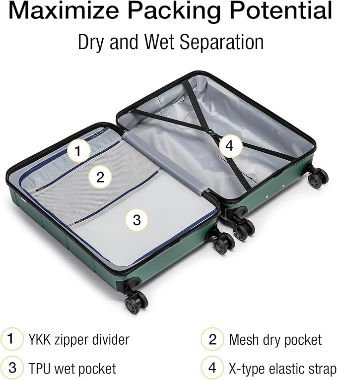 KYME Hardside Carry On Luggage 22x14x9 Airline Approved with TSA Lock Hardshell 22 Inch Suitcase with Spinner Wheels Small Travel Rolling Luggage with Cup Holder for Men Women Green