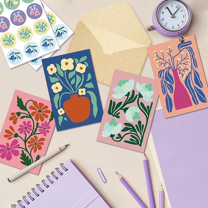 24 Pack Floral Greeting Cards with Envelopes, Floral Blank Note Cards Set for All Occasions, Boxed 8 Floral Designs Cards for Thank You, Birthday, Wedding, Condolence, Invitation, etc.