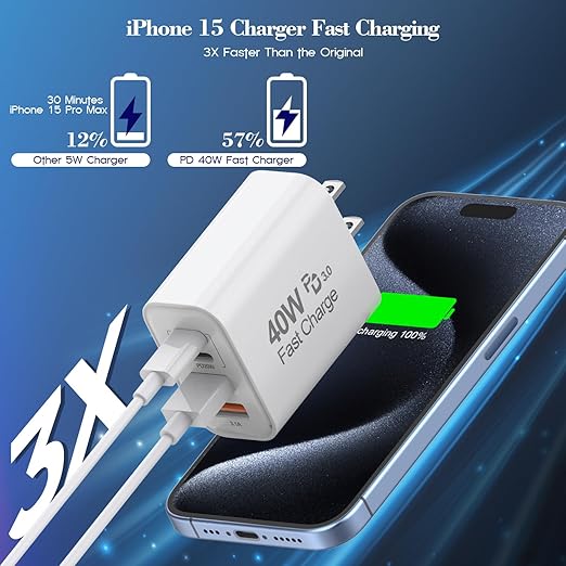40W iPhone 16 15 Charger Block Fast Charging, 2-Pack USB C Wall Charger, 4-Port Fast USB Wall Adapter PD+QC Multiport Block Cube for iPhone 16/16 Pro/15/14/13/12/11/Pro Max/XS/XR, iPad 12.9