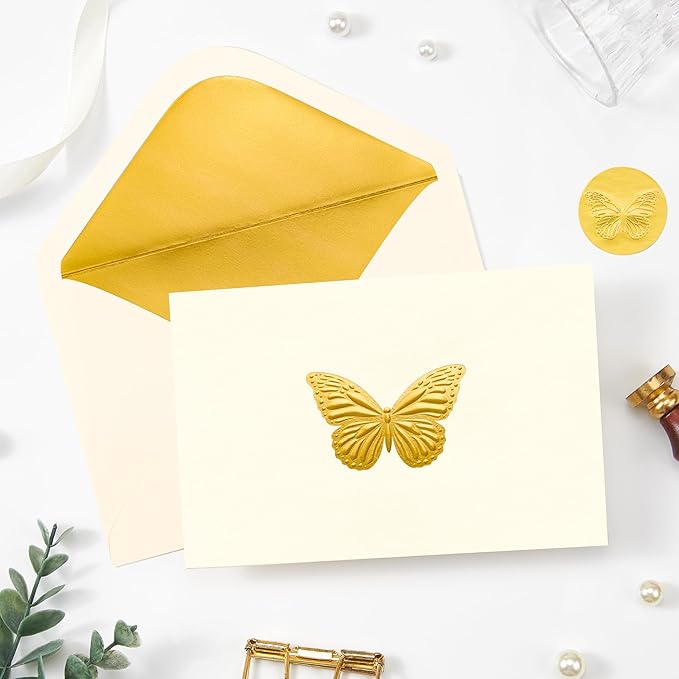 Crisky 25 Pack Embossed Gold Greeting Cards with Envelopes & Stickers Butterfly Note Cards Bulk for Birthday, Baby Shower,Bridal Shower, Wedding, Graduation Blank Inside