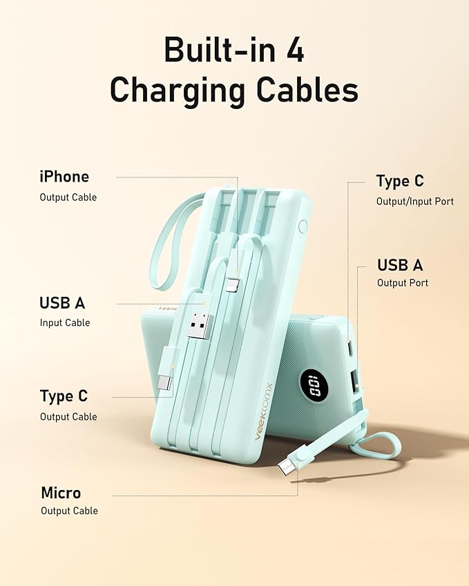 VEEKTOMX Portable Charger with Built-in Cables 10000mAh Power Bank for iPhone Slim Fast Charge USB C Battery Pack Travel Essentials Powerbank Compatible with iPhone, Samsung, Android, etc