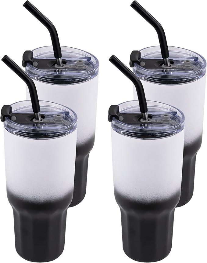 VEGOND 30 oz Insulated Stainless Steel Tumblers with lid and straw Bulk Pack Coffee Mug with Non-Slip Silicone Base, Sweat Proof Powder Coated Cup for Hot Cold Drinks, Black and White 4Pack