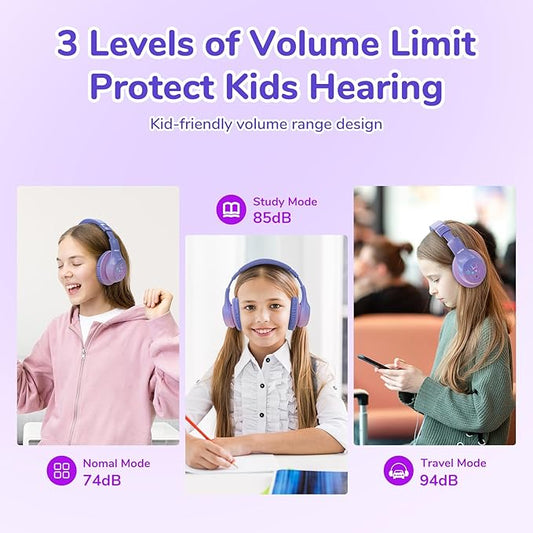 EarFun K4 Kids Bluetooth Headphones, Wireless Headphones with LED Lights, 74/85/94dBA Volume Limited, Built-in Mic, 90H Playtime, Bluetooth 5.4 Over Ear Headphone for iPad/Tablet/School, Violet