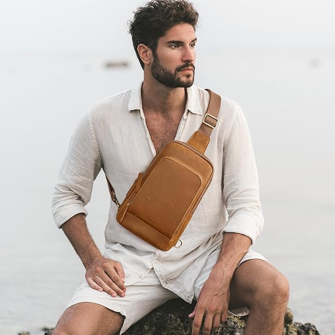 S-ZONE Sling Bag for Men Women RFID Blocking Top Grain Leather Crossbody Shoulder Bag Chest Hiking Daypack Travel