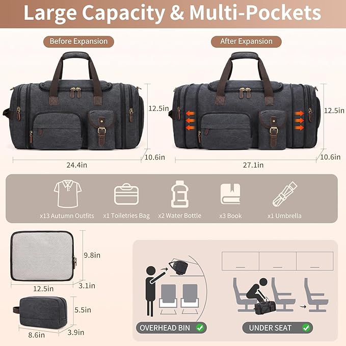 Mens Duffle Bag for Travel 60L Expandable Canvas Weekender Overnight Travel Duffel Bag with Shoe Compartment Carry-On for Airplanes Dark Gray