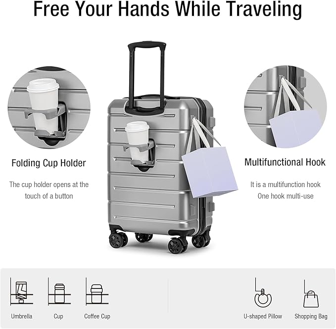 KYME Carry On Luggage 22x14x9 Airline Approved with Cup Holder Hardside Carry On Suitcase with Spinner Wheels Hardshell Travel Rolling 22 Inch Luggage with TSA Lock for Women Men Silver