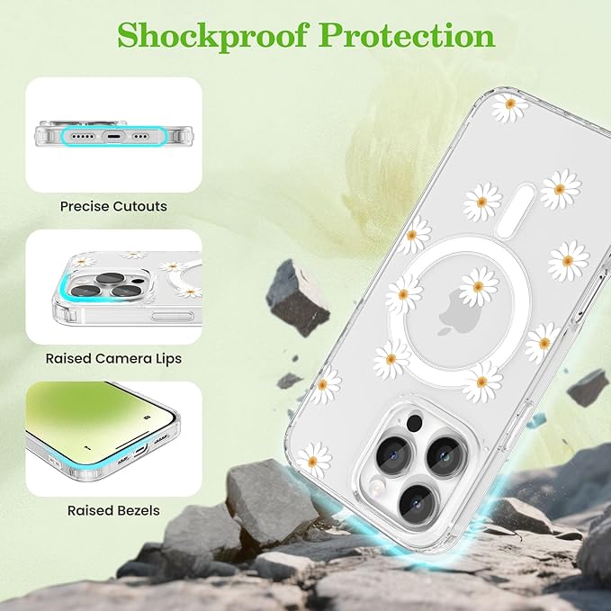 ZTOFERA for iPhone 16 Pro Max Magnetic Case Compatible with Magsafe,Aesthetic Floral Pattern Design Cute for Girl Women,Anti-Drop Protective Hard Phone Cover for iPhone 16 Pro Max-Daisy