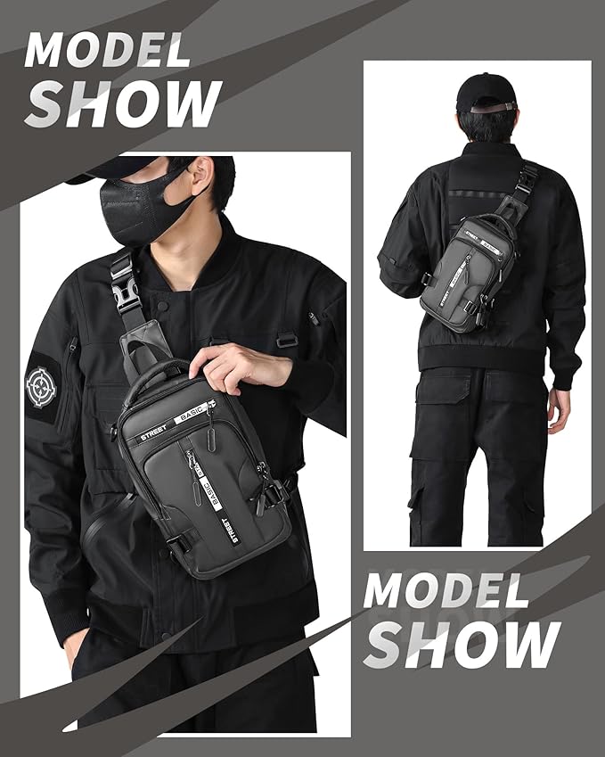 Grey Sling Crossbody Backpack Shoulder Messenger Bag for Men, Mini Anti Theft One Strap Motorcycle Backpack Sling Tactical Chest Bag for Hiking Walking Biking Travel Cycling