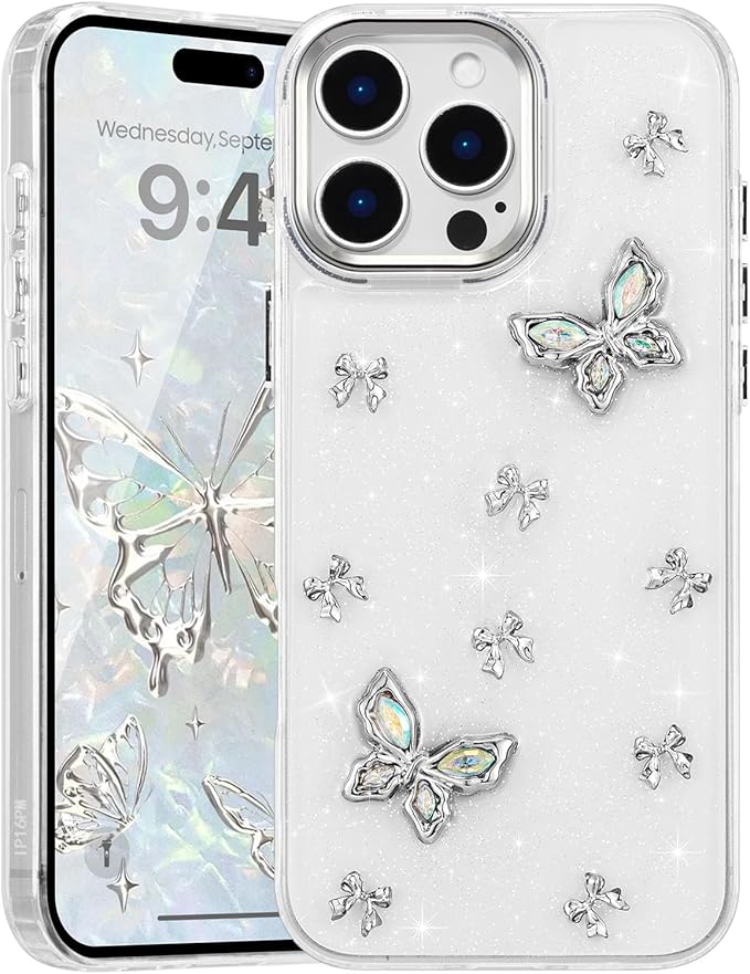 EYZUTAK Case for iPhone 16 Pro Max, Bling Glitter 3D Butterflies Bowknot Phone Case Cute Crystal Clear Bow Aesthetic Case Slim Soft Durable TPU Transparent Protective Cover for Women Girls - Butterfly