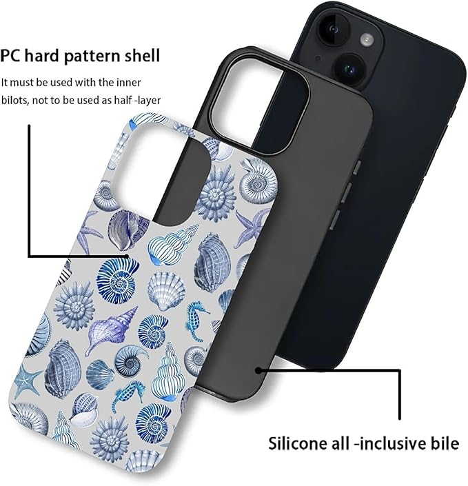 Case for iPhone 13 iPhone 14,Summer Beachy Seashell for Woman Men Full Body Protective Cover Shockproof 2 in 1 Silicone + Hard PC Design Case